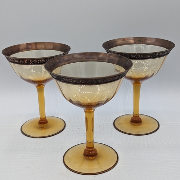 Vintage Fry Glass Champagne Sherbet Wine Glass With Gold Engraved Trim - Picture 5 of 7